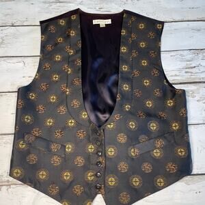 Vintage Karen Kane Baroque Pattern Vest Black Gold Medallion Satin L USA 1980’s